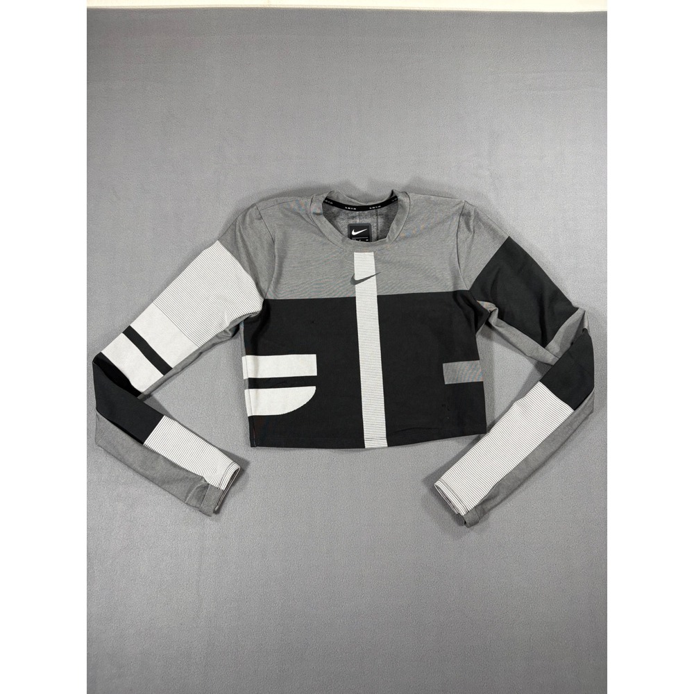 Nike Crop Top Women Small Grey Black Long Sleeve Good Colorblock AO8674-010